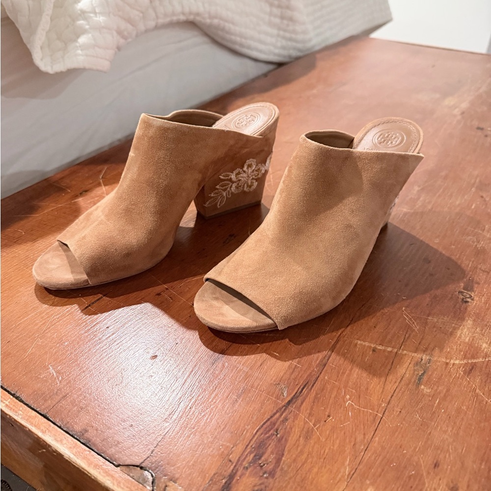Tory Burch Tan Suede Mules with Embroidery